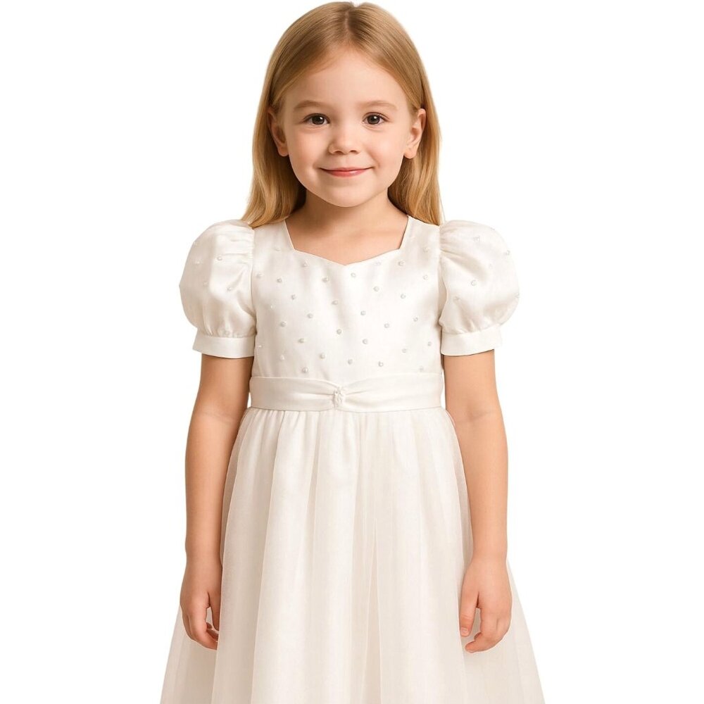 Girls White Flower Girl Communion Dress 6 St. Tropez Puff Sleeves Pearls Pin
